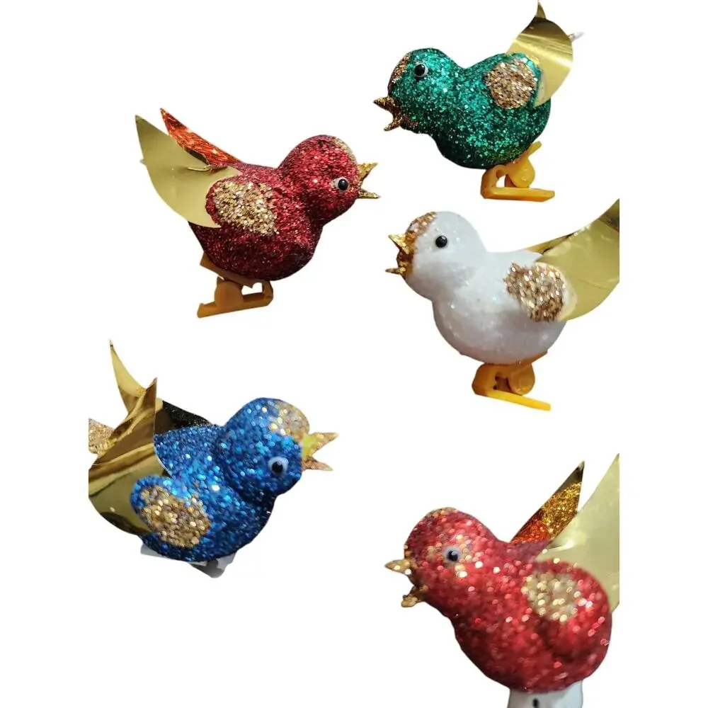 Vintage Glitter Bird Christmas Ornaments Plastic Clip Foil Wing Gold  Set of 9 - Picture 4 of 4